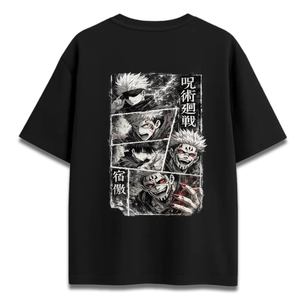 Oversized Graphic T-Shirt | Jujutsu Kaisen Anime Cursed Chaos Collage Design | Premium 260 GSM Cotton Streetwear India