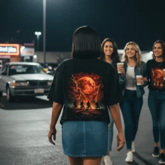 stranger things series, hawkins oversized tshirt, upside down, eleven, black,