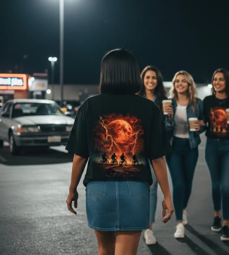 stcycleposterlifestyle stranger things series, hawkins oversized tshirt, upside down, eleven, black,