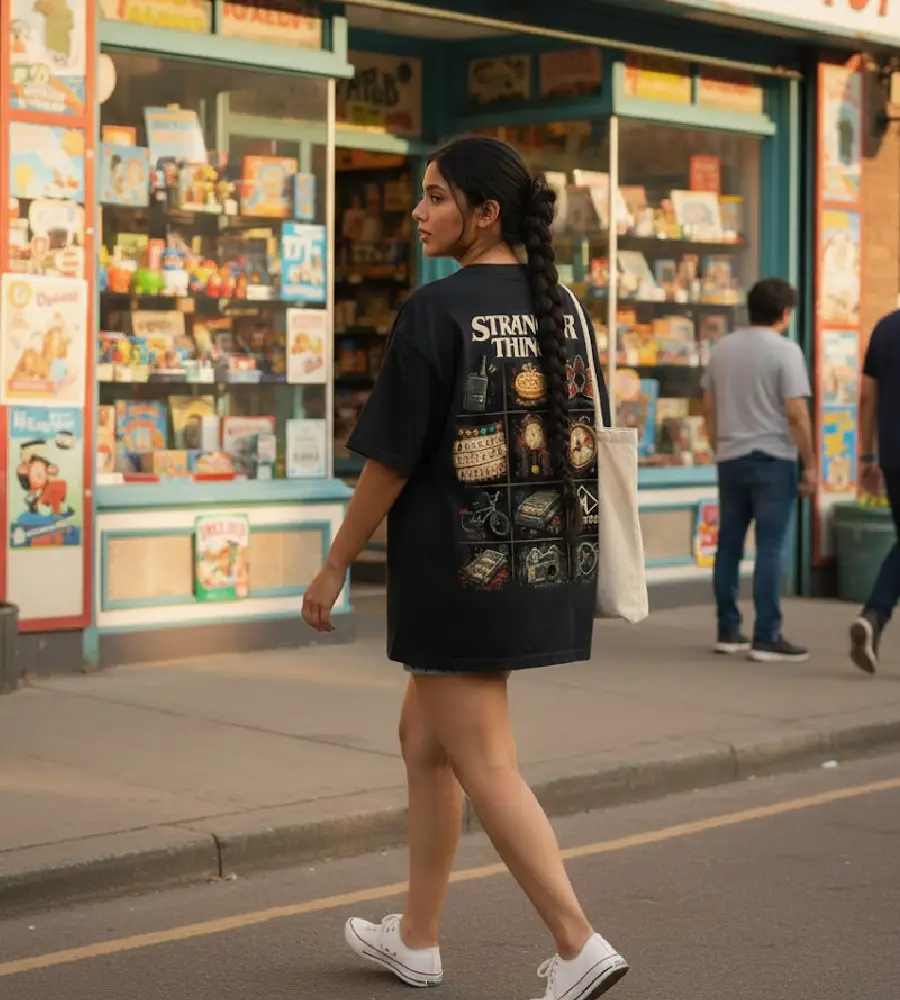 stranger things series, hawkins oversized tshirt, upside down, eleven, black,